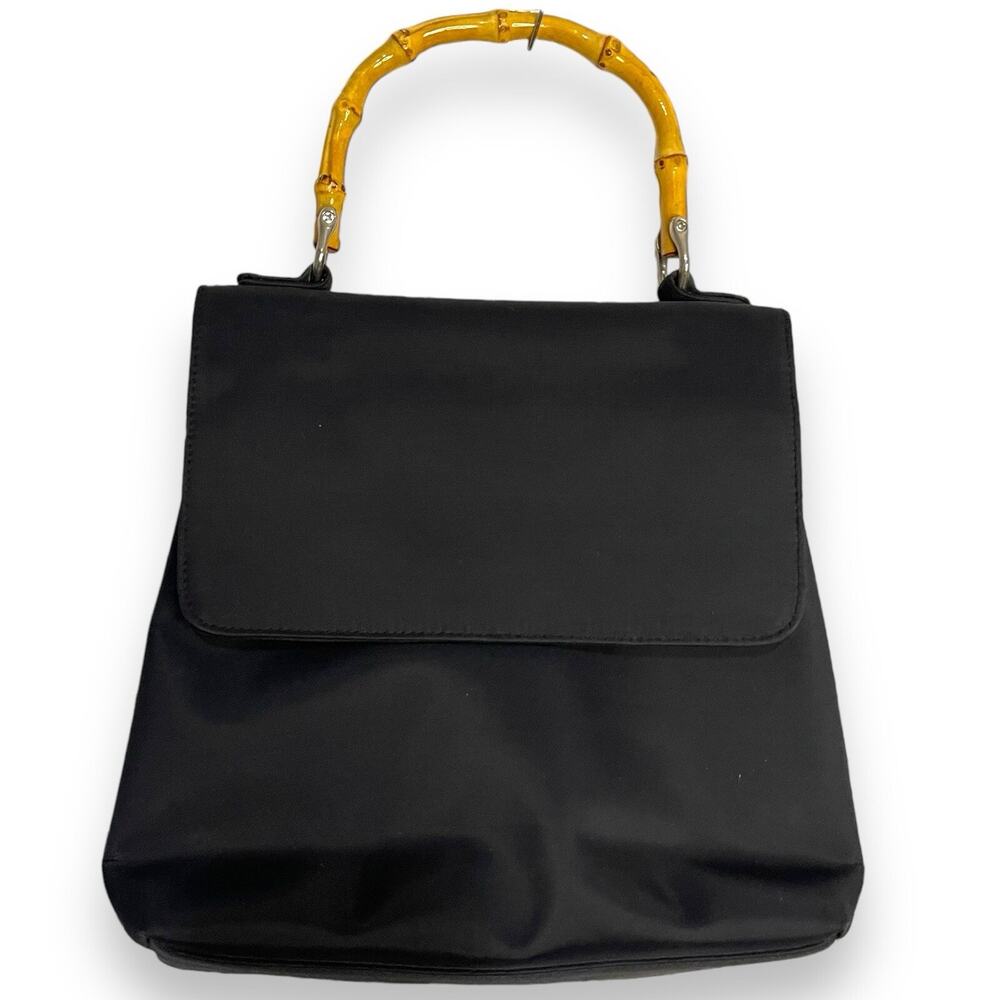 Vintage Mondani Bamboo Top Handle Purse Hand Bag Womens Black Pockets Minimalist